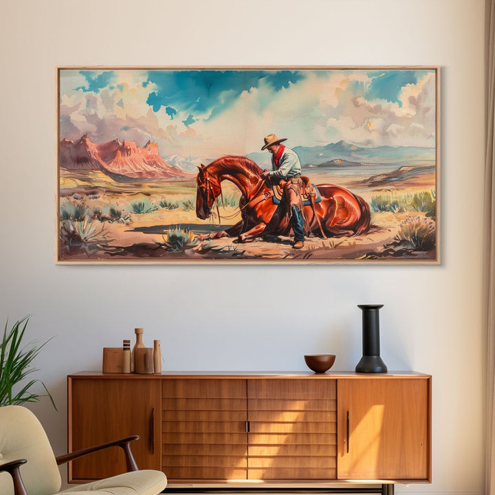 Cowboy Comforting Horse in Open Plains, Farmhouse Western Decor, Framed Canvas Print, Country Living Art, Rustic Wall Art for Home