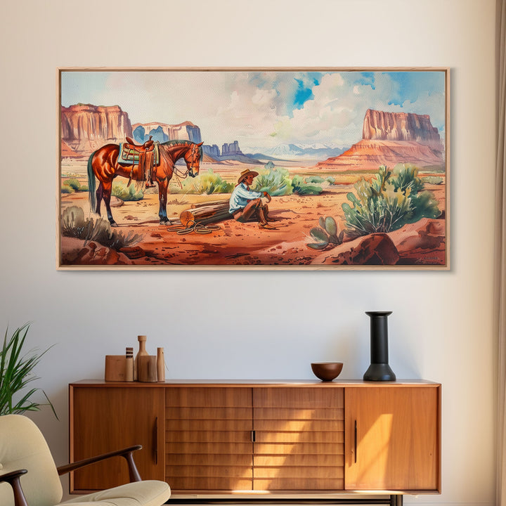 Cowboy Resting by Horse in Desert Scene, Rustic Farmhouse Art, Framed Canvas Print, Western Decor, Living Room Wall Art, Country Style