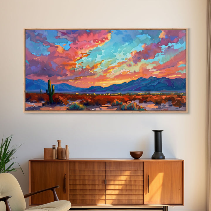 Road Through Desert at Sunset, Colorful Southwestern Art, Framed Canvas Print, Boho Wall Decor, Rustic Living Room Art, Desert Scene