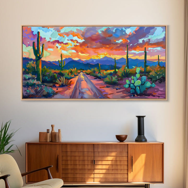 Cacti and Mountains Under Sunset Sky, Vibrant Southwestern Landscape Art, Framed Canvas Print, Boho Living Room Decor, Desert Scene