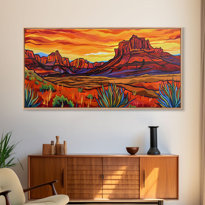 Colorful Desert Sunset with Saguaro Cacti, Framed Canvas Print for Living Room Art, Ideal for Southwestern and Boho Decor