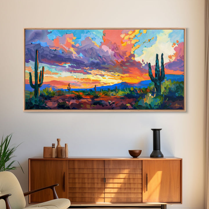 Radiant Desert Pathway with Sunset Glow, Framed Canvas Print for Living Room Art, Perfect for Boho and Southwestern Decor