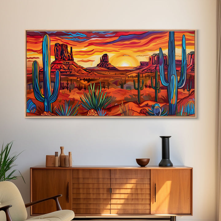 Colorful Desert Evening with Cacti and Mountains, Framed Canvas Print for Bedroom Art, Great for Boho and Southwestern Decor