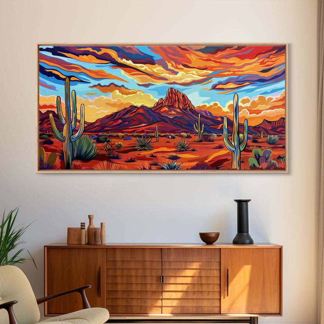 Serene Desert Sunset with Water Reflection, Framed Canvas Print for Bedroom Art, Ideal for Boho and Southwestern Decor