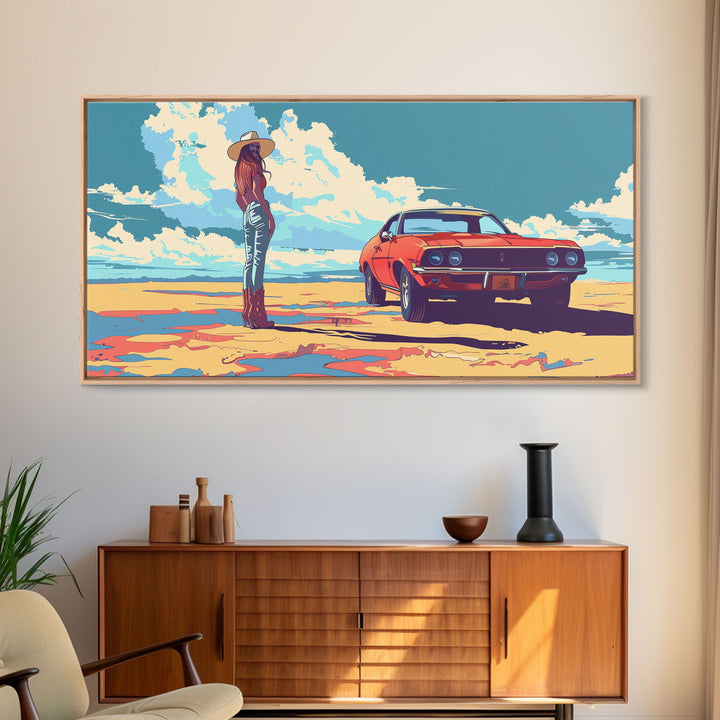 Stylized Cowgirl with Red Car in Vast Desert, Framed Canvas Print for Bedroom, Ideal Living Room Art, Retro Wall Decor