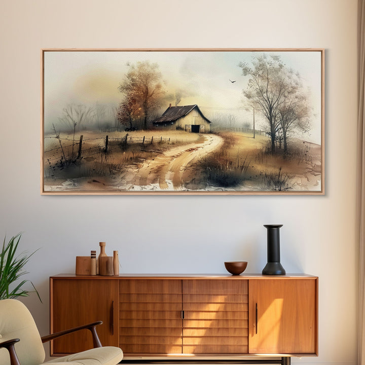 Misty Morning Farmhouse with Winding Path, Beautiful Framed Canvas Print for Bedroom, Boho Wall Art, Countryside Decor