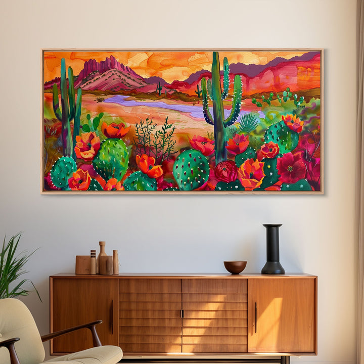 Majestic Cacti and Mountains at Sunset, Captivating Framed Canvas Print for Bedroom, Southwestern Style Wall Art, Nature Scene