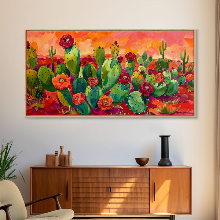 Bright Desert Flowers and Cacti with Mountains, Vibrant Framed Canvas Print for Home, Boho Wall Art, Nature Lover's Decor