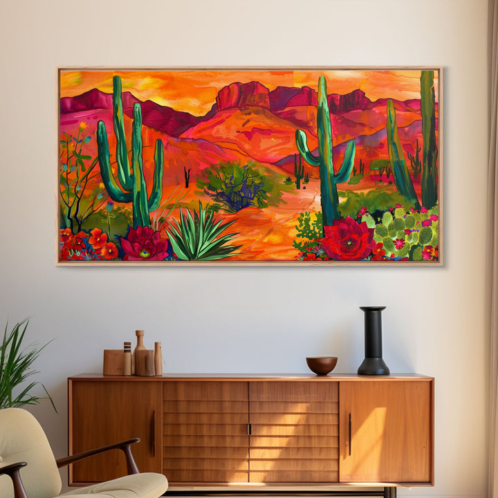 Colorful Desert Landscape with Cacti and Mountains, Stunning Framed Canvas Print for Living Room, Boho Wall Art, Nature Decor