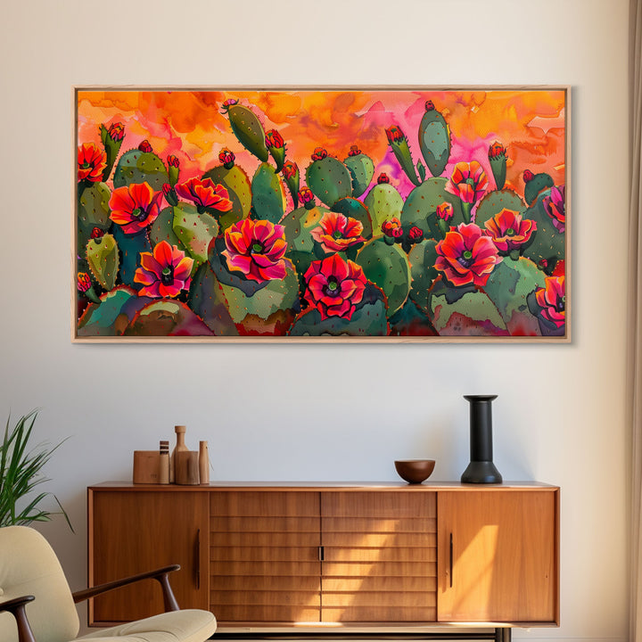 Lush desert landscape with blooming cacti at sunset, Framed Canvas Print, ideal for minimalist living room, wall art decor