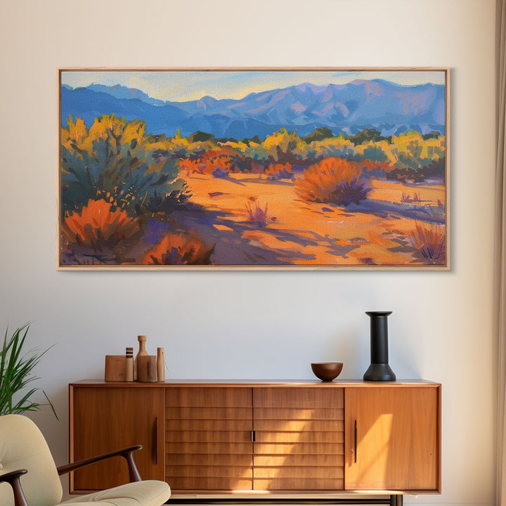 Serene desert landscape with vibrant colors, Framed Canvas Print, perfect for boho living room, southwestern wall art decor