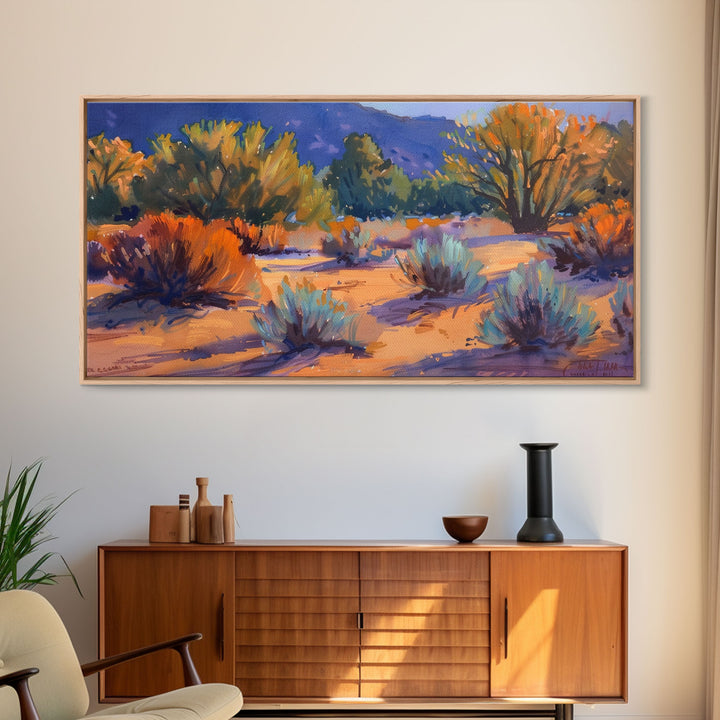 Colorful desert scene with distant mountains, Framed Canvas Print, ideal for minimalist living room, boho wall art decor