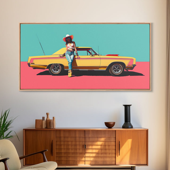 Bold Cowgirl Posing with Yellow Car, Pop Art Framed Canvas Print for Living Room, Ideal Bedroom Wall Art, Unique Home Decor