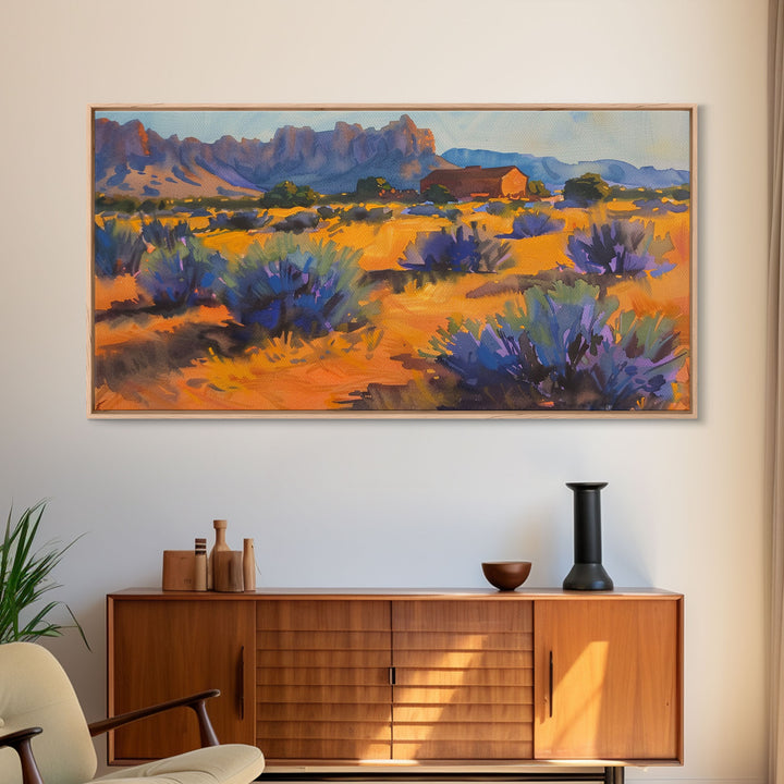 Rustic Barn in Desert Scene, Stunning Wall Art for Bedroom, Framed Canvas Print, Boho Style, Minimalist Home Decoration