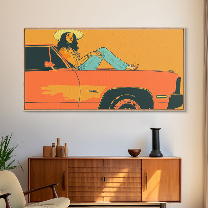 Relaxed Cowgirl Sitting on Car Hood, Retro Framed Canvas Print for Bedroom, Perfect Living Room Art, Vintage Wall Decor