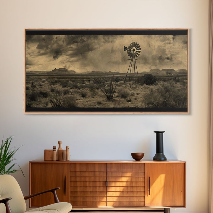 Rustic Windmill in Desert Landscape, Framed Canvas Print for Western Style Living Room, Perfect Bedroom Wall Art, Vintage Decor