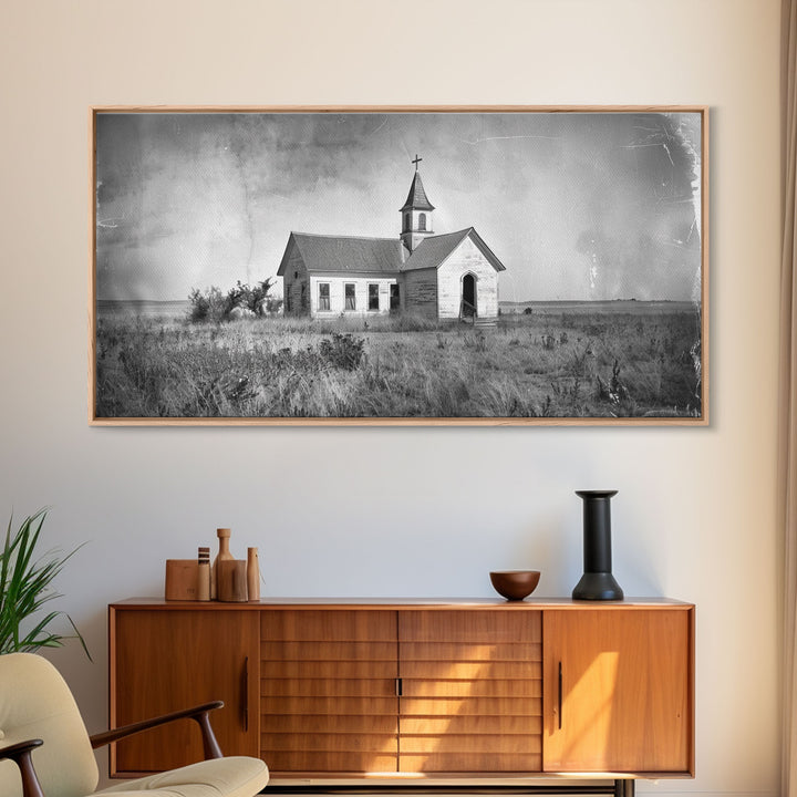Vintage Country Church in Open Field, Framed Canvas Print for Living Room Decor, Perfect Bedroom Art, Rustic Western Wall Art