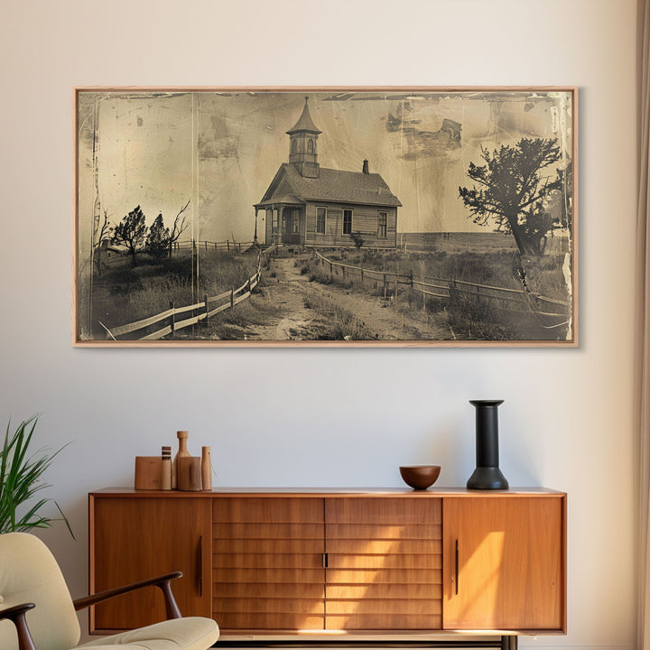 Old Country Church with Fenced Path, Framed Canvas Print for Living Room Decor, Perfect Bedroom Wall Art, Vintage Western Scene