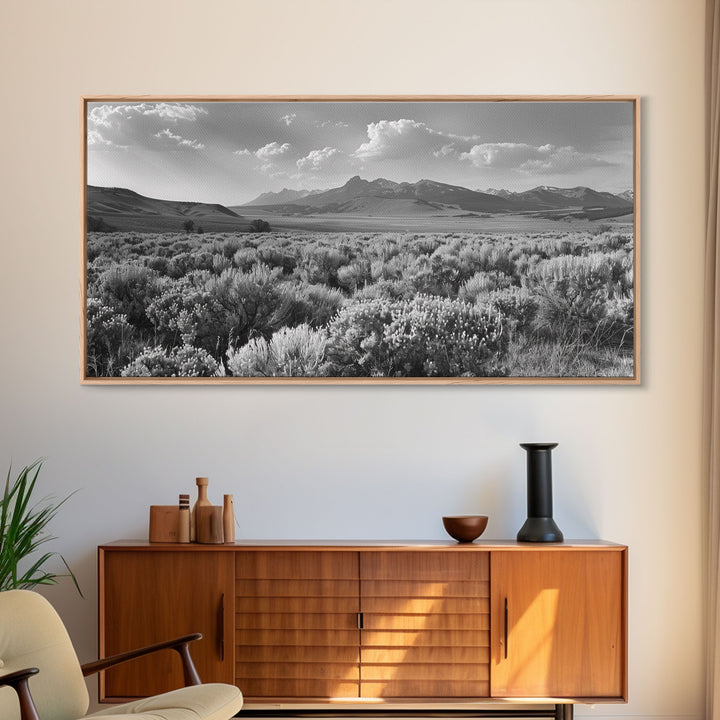 Mountain Range with Rolling Hills and Sagebrush, Framed Canvas Print Farmhouse Living Room Wall Art, Rustic Home Decor, Scenic Landscape Art