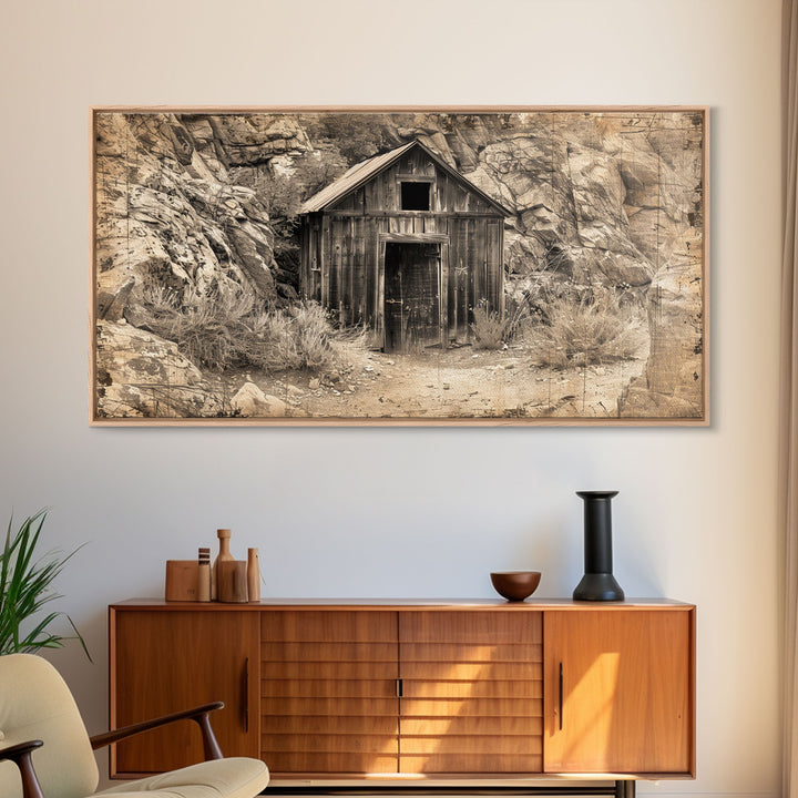 Old Wooden Shack in Rocky Terrain, Farmhouse Style Framed Canvas Print for Bedroom Art, Historical Home Decoration, Rustic Wall Art Piece