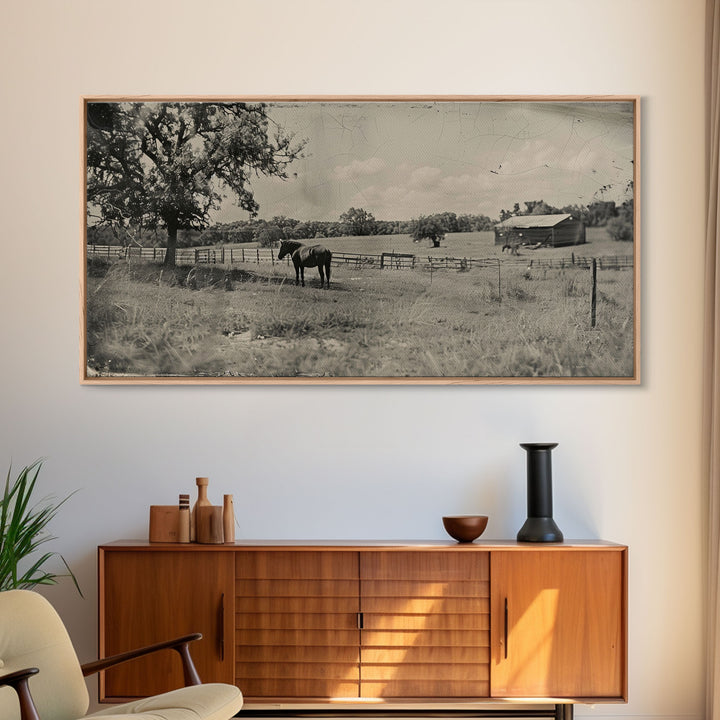 Horse Grazing in Pasture by Farmhouse, Antique Style Framed Canvas Print Country Living Room Decor, Rustic Farmhouse Wall Art, Nature Scene