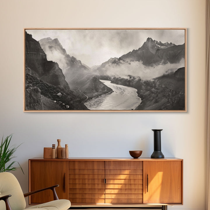 River Flowing through Mountain Valley, Black and White Framed Canvas Print for Farmhouse Bedroom Wall Art, Home Decoration, Scenic Nature