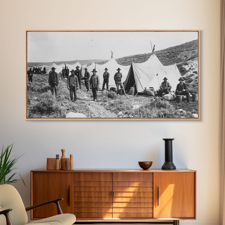 Military Camp with Tents and Soldiers, Farmhouse Style Framed Canvas Print for Historical Home Decor, Living Room Wall Art, Vintage Scene
