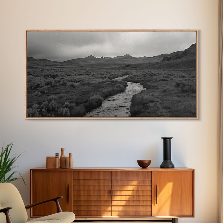 River and Rolling Hills Under Cloudy Sky, Black and White Framed Canvas Print Rustic Farmhouse Living Room Decor, Landscape Art, Home Decor