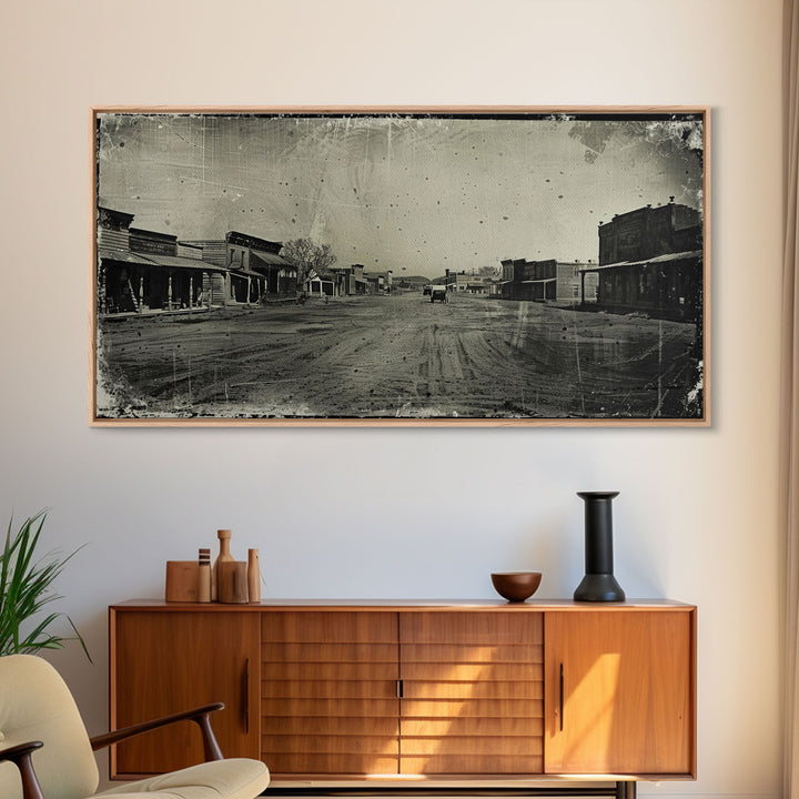 Deserted Old West Town Street, Sepia Framed Canvas Print Farmhouse Living Room Wall Art, Vintage Home Decor, Rustic Art Piece