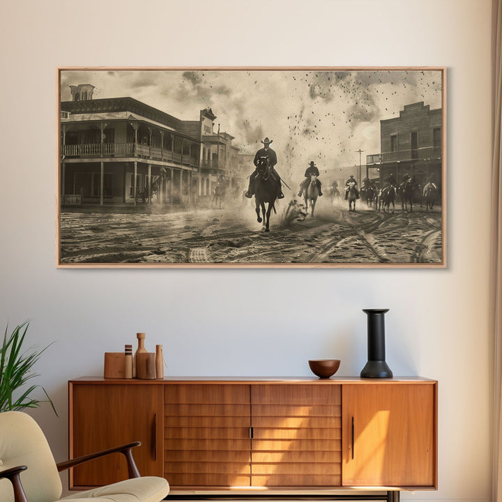 Cowboys Riding into Town, Vintage Framed Canvas Print Farmhouse Living Room Wall Art, Rustic Home Decor, Western Scene, Historical Art Piece