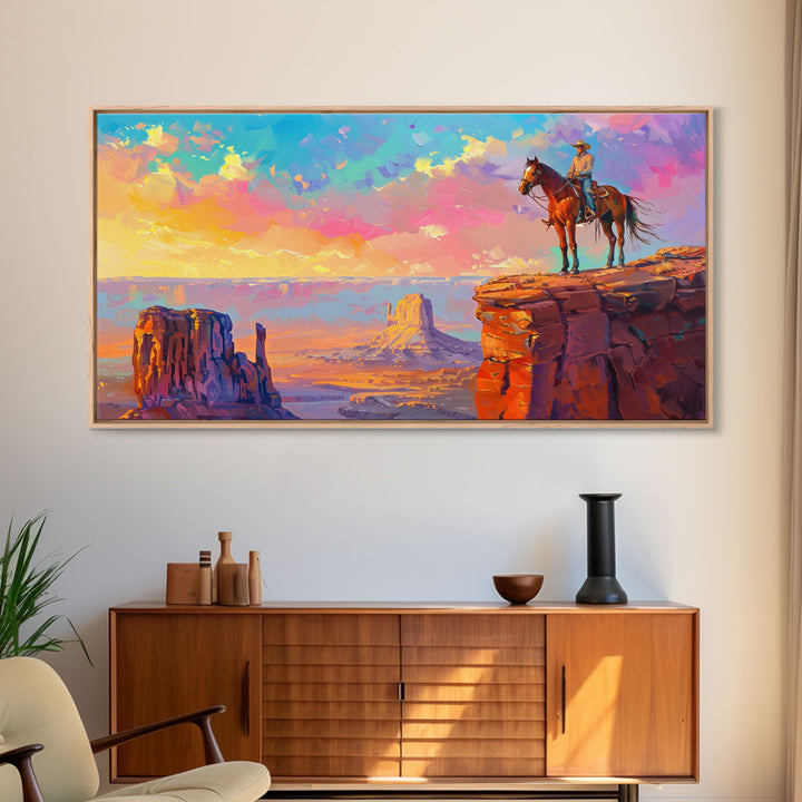 Cowboy Overlooking Monument Valley, Farmhouse Style Framed Canvas Print for Bedroom Wall Art, Rustic Home Decor, Scenic Western Landscape