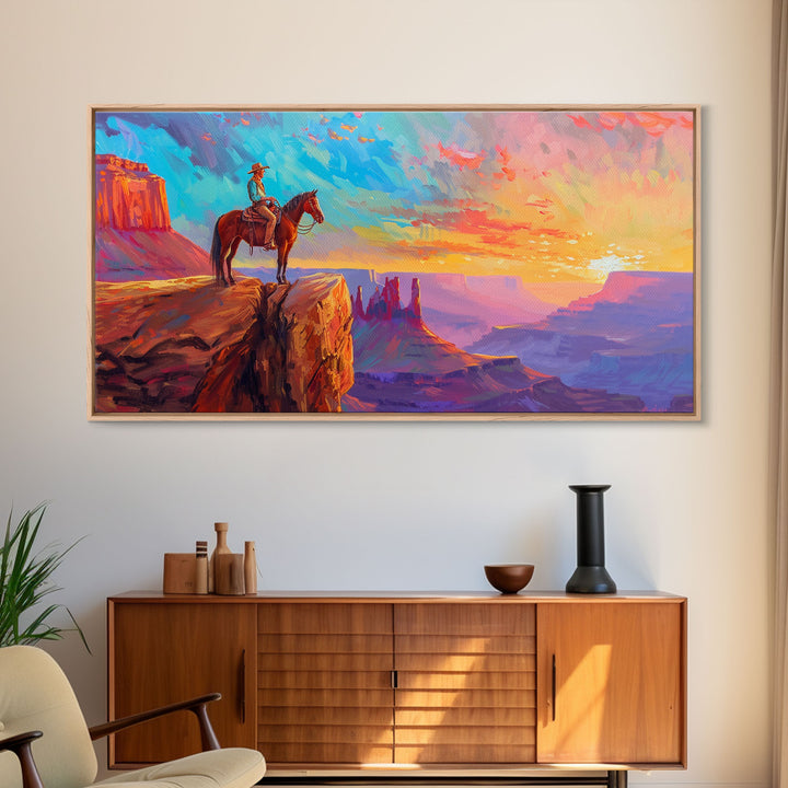 Cowboy and Horse with Canyon View, Farmhouse Style Framed Canvas Print for Bedroom Wall Art, Vibrant Home Decor, Western Scenic Art