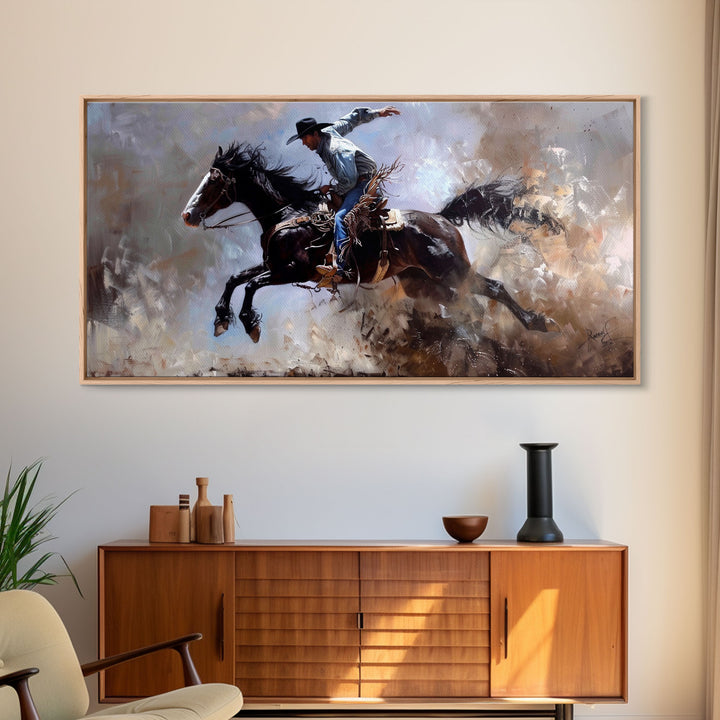 Colorful Cowboy Riding Horse in Dust, Farmhouse Style Framed Canvas Print for Living Room Wall Art, Vibrant Home Decor, Western Action Art