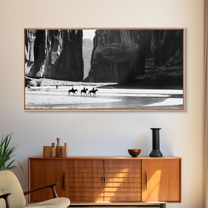 Cowboys Riding in Dusty Canyon, Striking Wall Art for Living Room or Bedroom, Framed Canvas Print, Home Decoration
