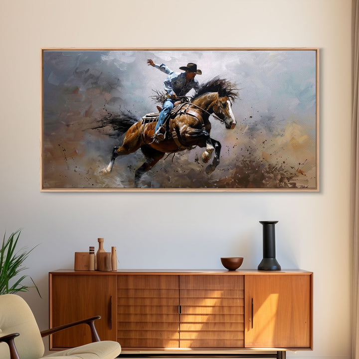 Colorful Rodeo Rider in Action on Framed Canvas Print, Perfect for Rustic Living Room Art, Western Bedroom Decor, Cowboy Wall Art