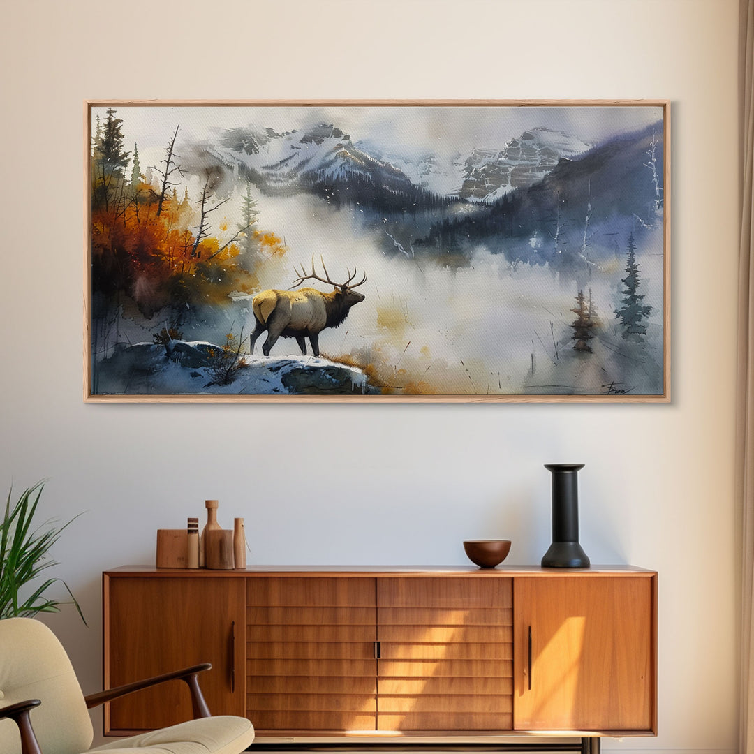 Majestic Elk in Misty Mountains, Framed Canvas Print, Perfect for Living Room Art, Rustic Bedroom Decor, Nature Wall Art, Wildlife Scene