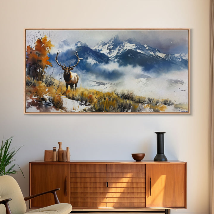 Majestic Elk in Mountain Landscape with Fall Foliage, Stunning Framed Canvas Print, Living Room Art, Rustic Bedroom Decor, Wall Art