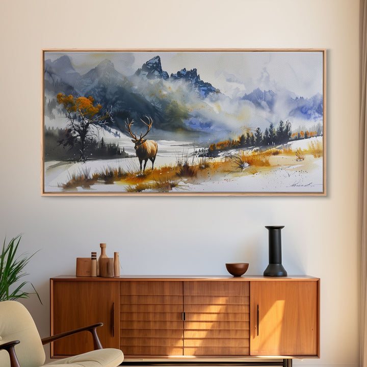 Majestic Elk in Snowy Mountain Scene, Beautiful Framed Canvas Print,for Living Room Art Rustic Bedroom Decor Nature Wall Art, Wildlife Scene