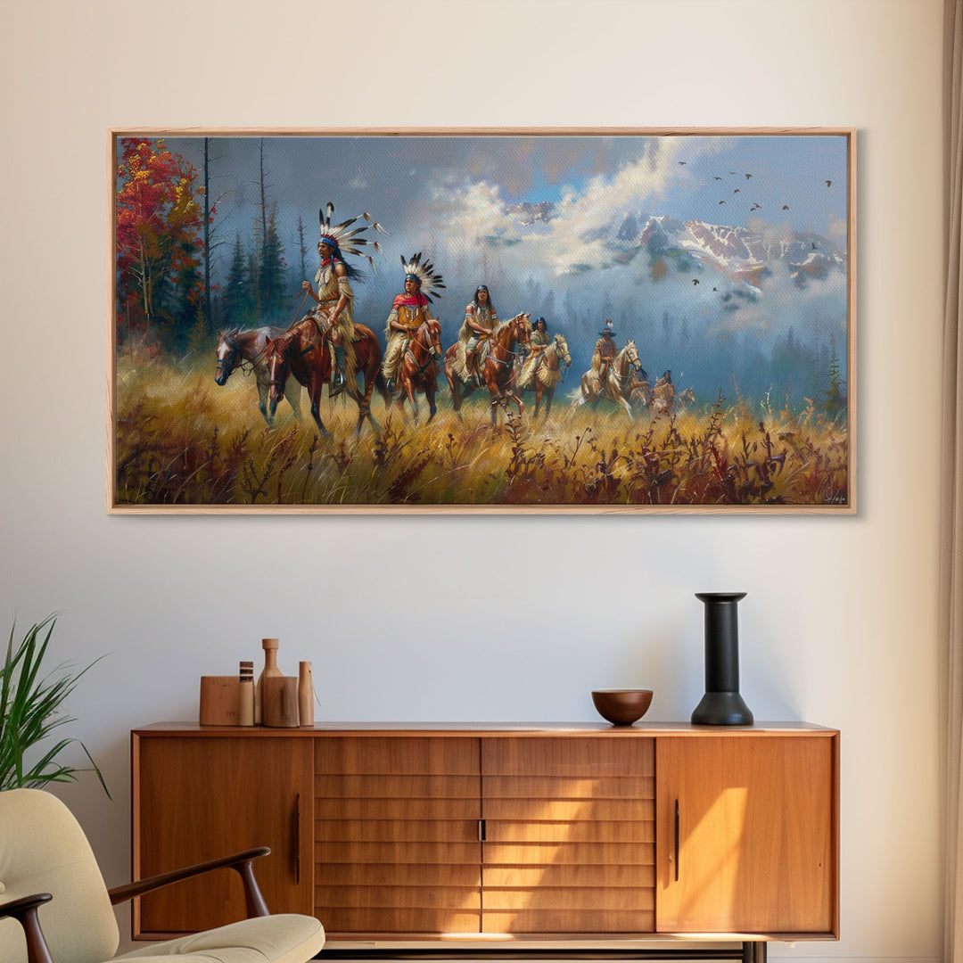 Native American Warriors on Horseback in Autumn Forest, Perfect Wall Art, Framed Canvas Print Living Room or Bedroom Decor, Historical Art