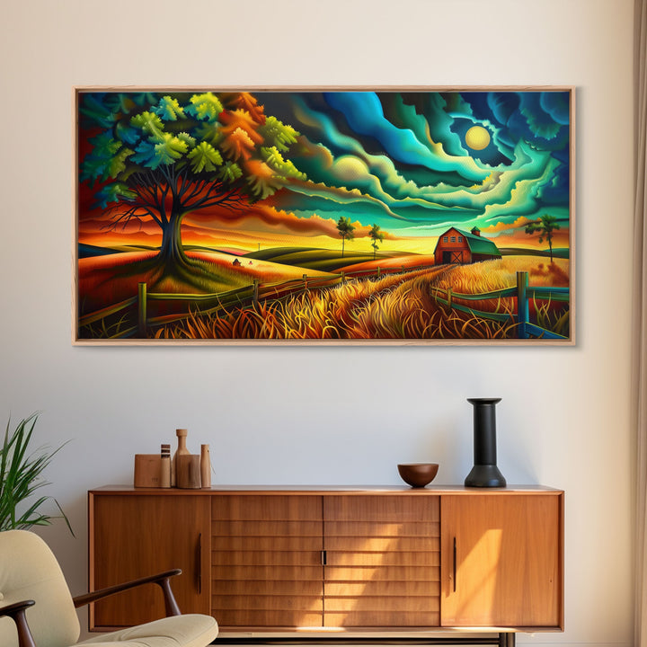 Vivid Abstract Farm Landscape with Dramatic Sky, Perfect Wall Art, Framed Canvas Print for Living Room or Bedroom Decor, Colorful Nature Art
