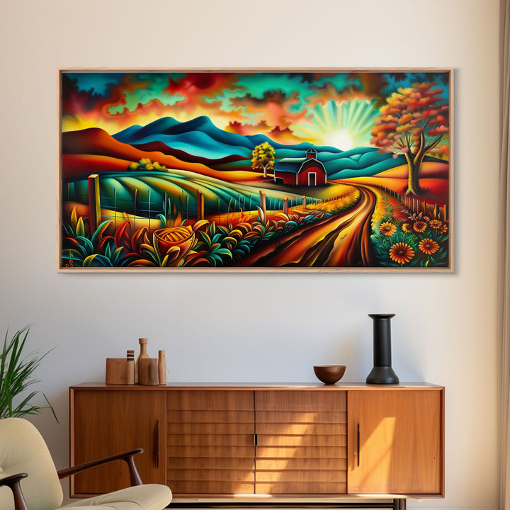 Colorful Farm Scene with Sunrise Over Mountains, Perfect Wall Art, Framed Canvas Print for Living Room or Bedroom Decor, Vibrant Nature Art