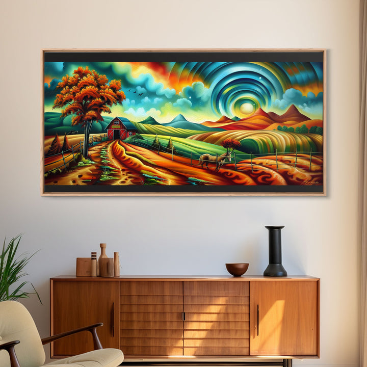 Colorful Abstract Farm Landscape with Rolling Hills, Perfect Wall Art, Framed Canvas Print Living Room or Bedroom Decor, Vibrant Nature Art