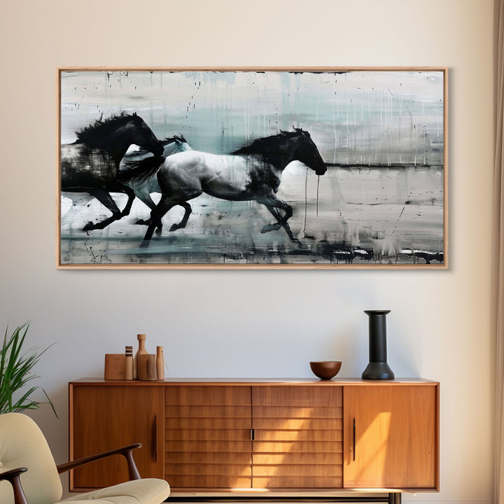 Colorful Abstract Horses Running, Black and White Wall Art, Framed Canvas Print for Living Room or Bedroom Decor, Equestrian Art