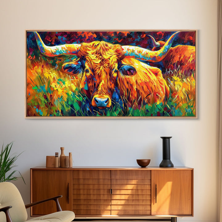 Herd of Cattle in Bright Colors, Ideal for Living Room Art, Framed Canvas Print, Bedroom Decor, Home Decoration, Contemporary Farmhouse Art