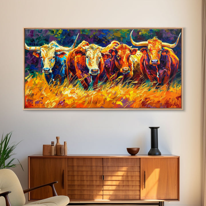 Bold and Colorful Bull Portrait, Perfect for Living Room Art, Framed Canvas Print, Bedroom Decor, Home Decoration, Vibrant Animal Art