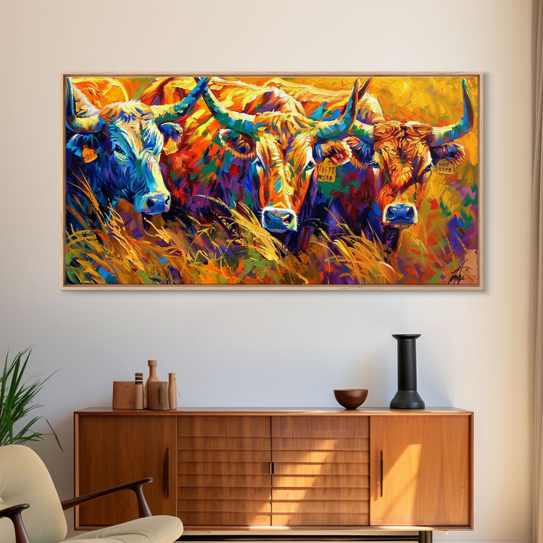 Expressive Cattle in Bright Colors, Ideal for Living Room Art, Framed Canvas Print, Bedroom Decor, Home Decoration, Unique Farmhouse Decor