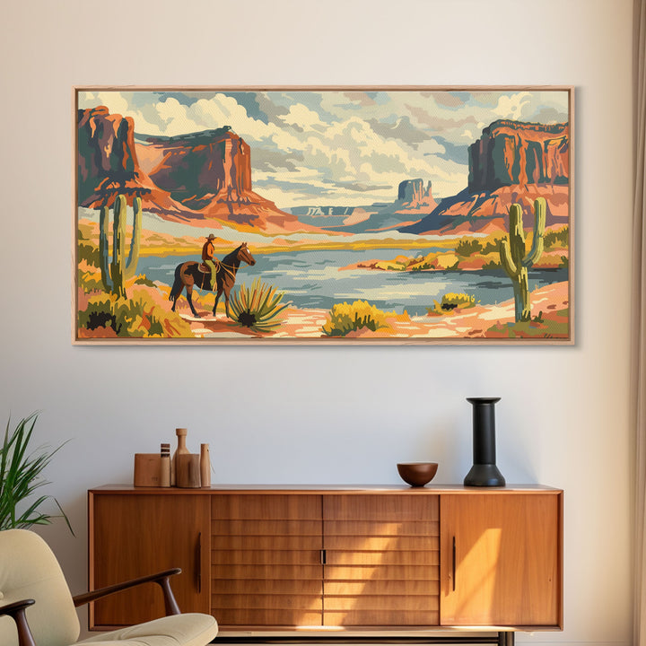 Cowboy in Monument Valley Landscape, Framed Canvas Print for Rustic Living Room Decor, Western Art for Bedroom and Home Decoration