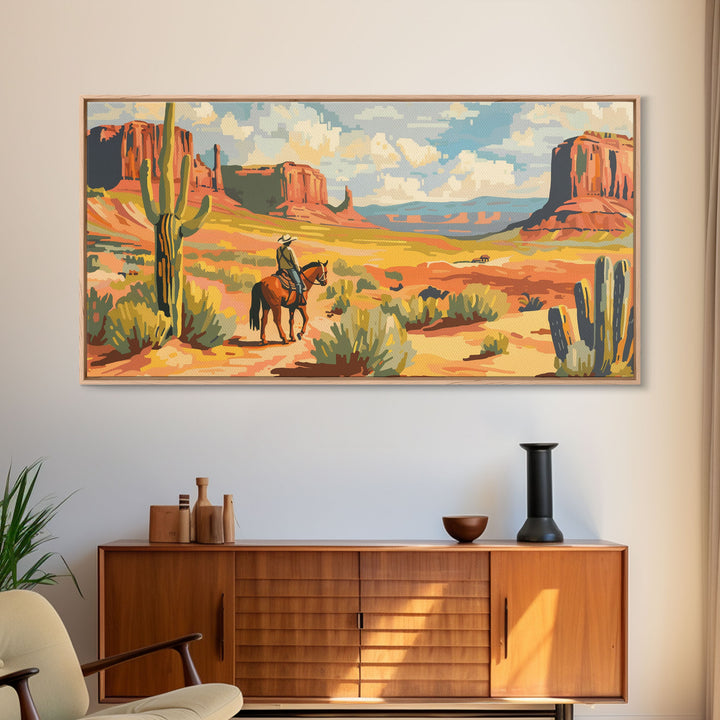 Cowboy in Desert Valley, Framed Canvas Print for Rustic Living Room Decor, Western Art for Home and Bedroom Decoration