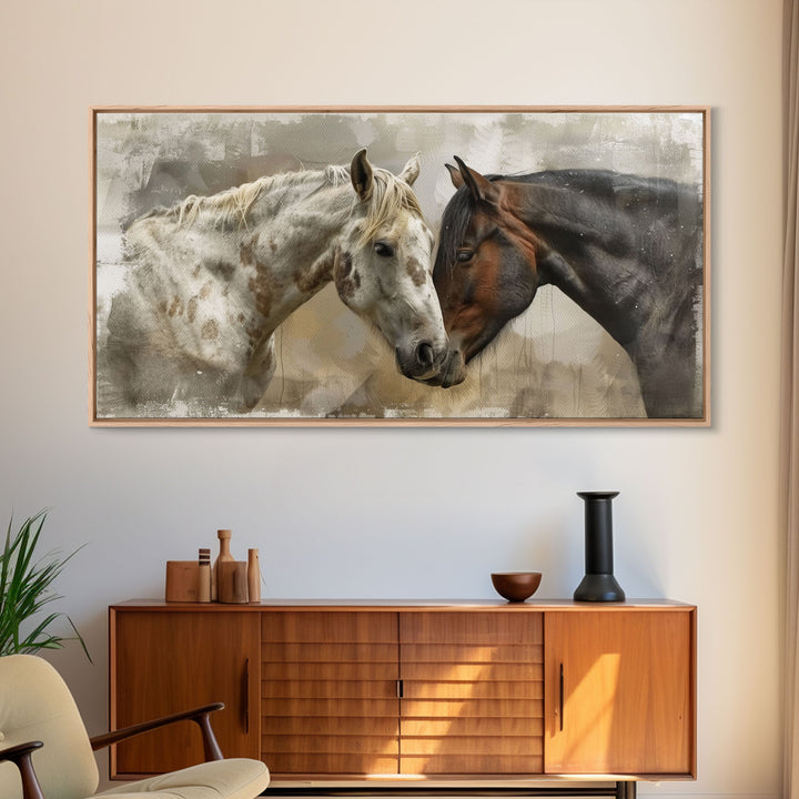 Horse Pair in Artistic Setting, Framed Canvas Print for Elegant Living Room Decor, Equine Art for Home and Bedroom Decoration