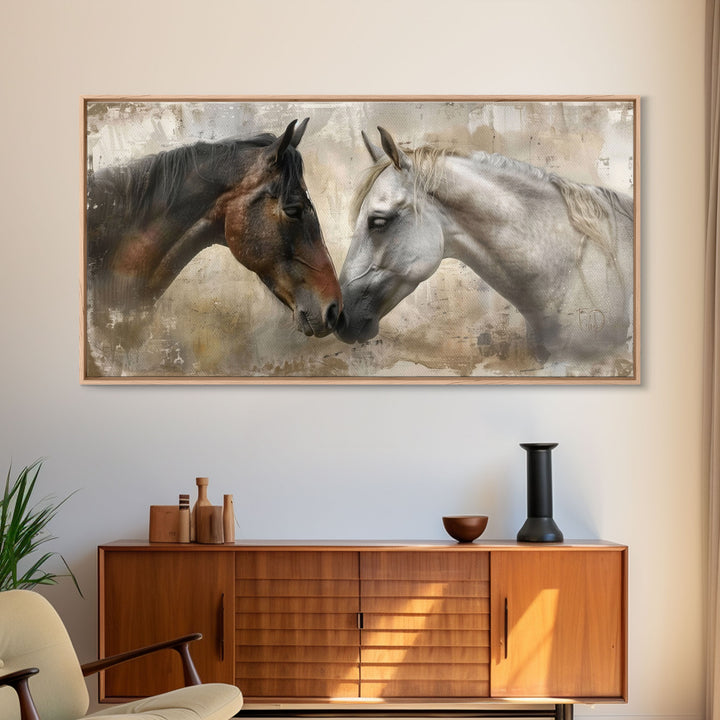 Spotted and Dark Horses, Framed Canvas Print for Rustic Living Room Decor, Equine Art for Home and Bedroom Decoration